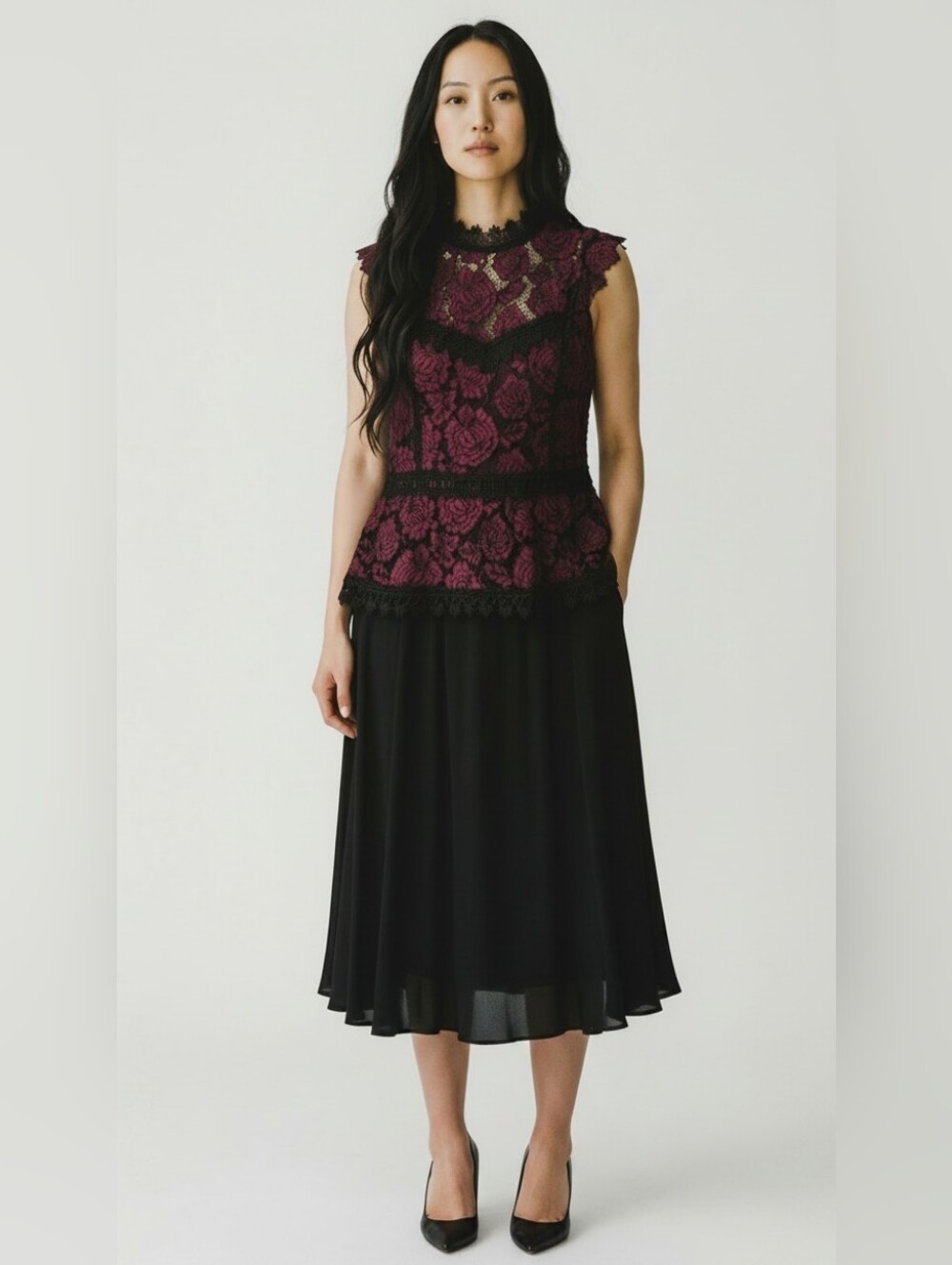 Haute Monde Red and Black Embellished Sleeveless Blouse